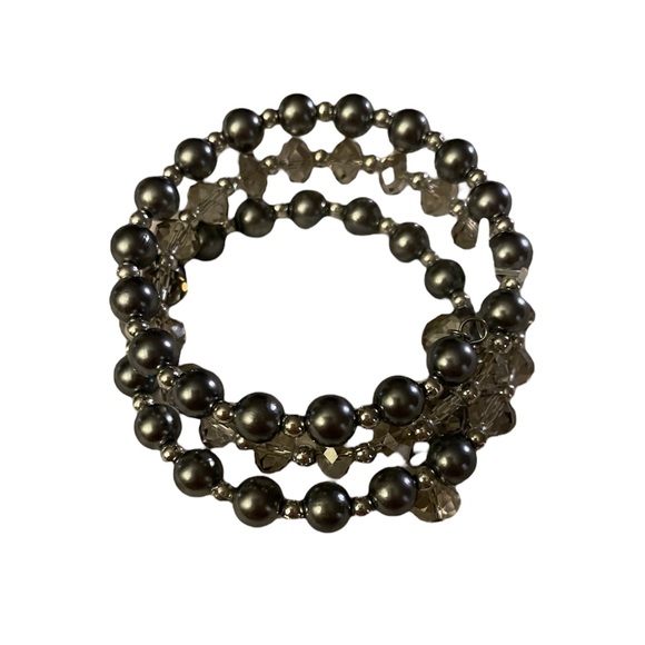Coil Crystal/Beaded/Faux Pearl Bracelet (silver/ Smokey gray colored) - Picture 1 of 4